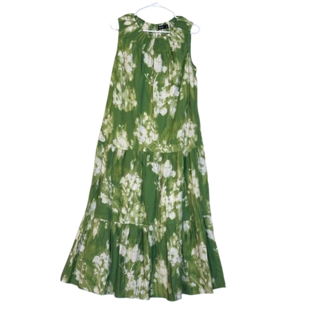 Vera Wang Floral Sleeveless Maxi Dress Womens Large Tiered Garden Cottage Green
